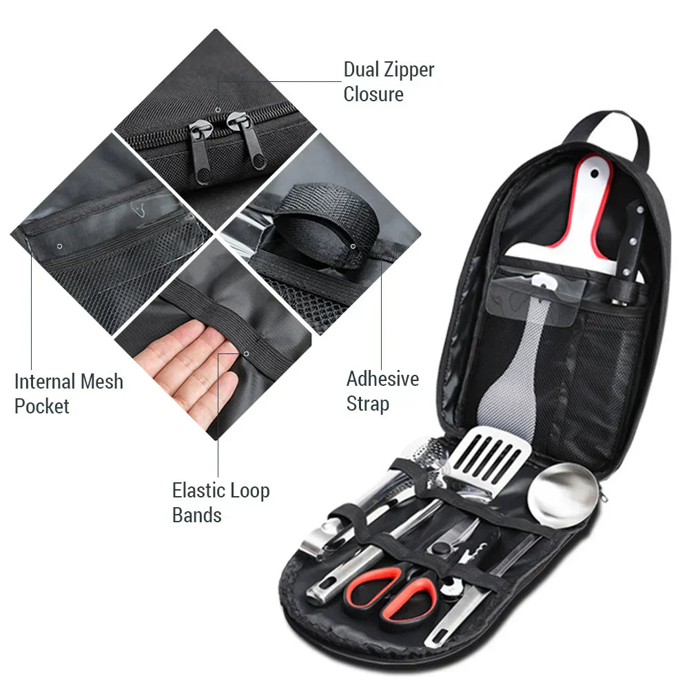 Portable Stainless Steel Camping Utensils Set - 9 Piece Cookware Kit in Black