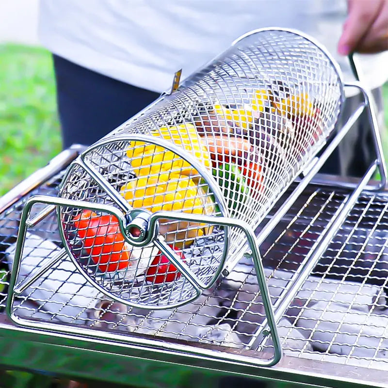 12-Inch Stainless Steel Rolling BBQ Grill Mesh Rotisserie Roaster Cage Silver