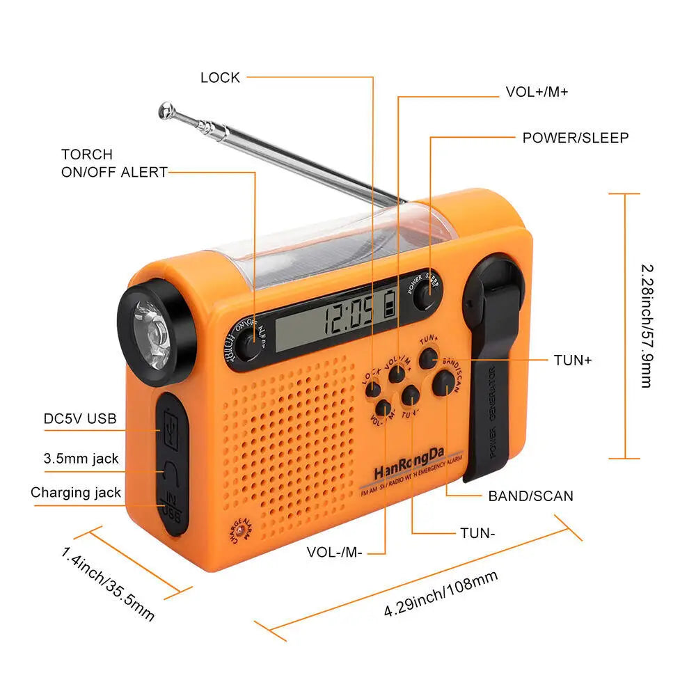 Solar Hand Crank Emergency Radio 3-in-1 Orange