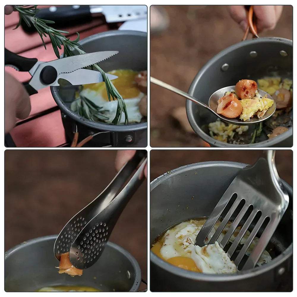 Portable Stainless Steel Camping Utensils Set - 9 Piece Cookware Kit in Black