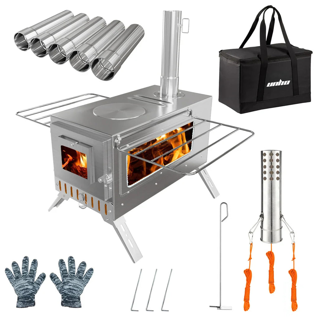 Portable Wood Burning Tent Stove with 6 Stainless Steel Chimney Pipes