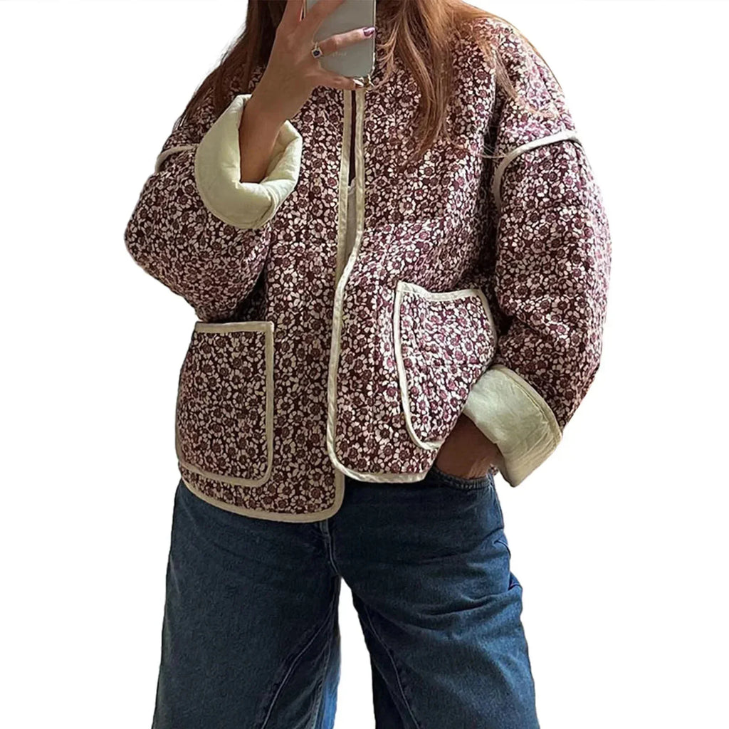 Women's Cropped Floral Quilted Puffer Jacket – Lightweight Winter Coat
