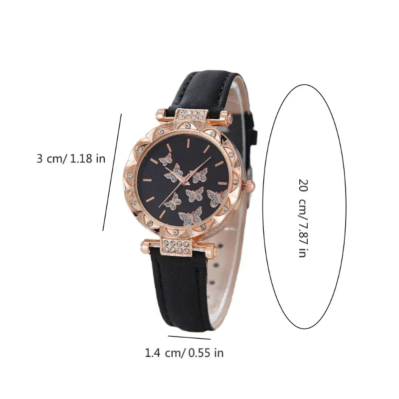 Butterfly Jewelry Set Watch Necklace Earrings Bracelet (Black)