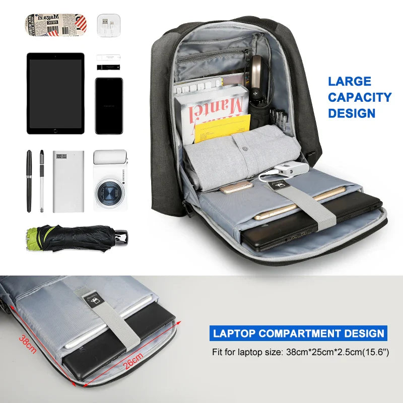 Anti-Theft Laptop Backpack USB Port Black