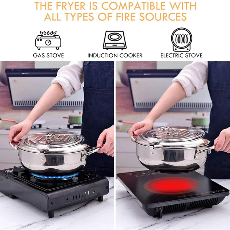 24cm Deep Frying Pot with Thermometer and Lid Silver