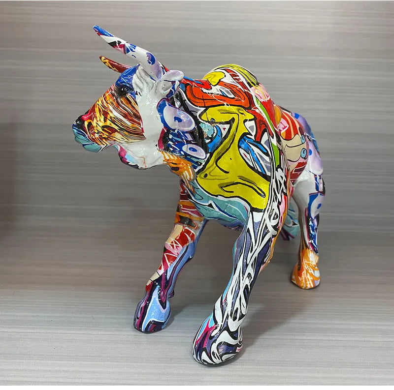 Graffiti Bull Figurine: Artistic Feng Shui Decor for Home and Office