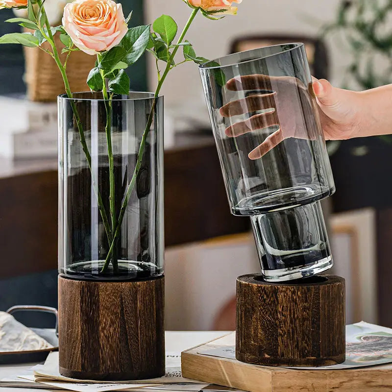 Elegant European Glass Vase with Wooden Base