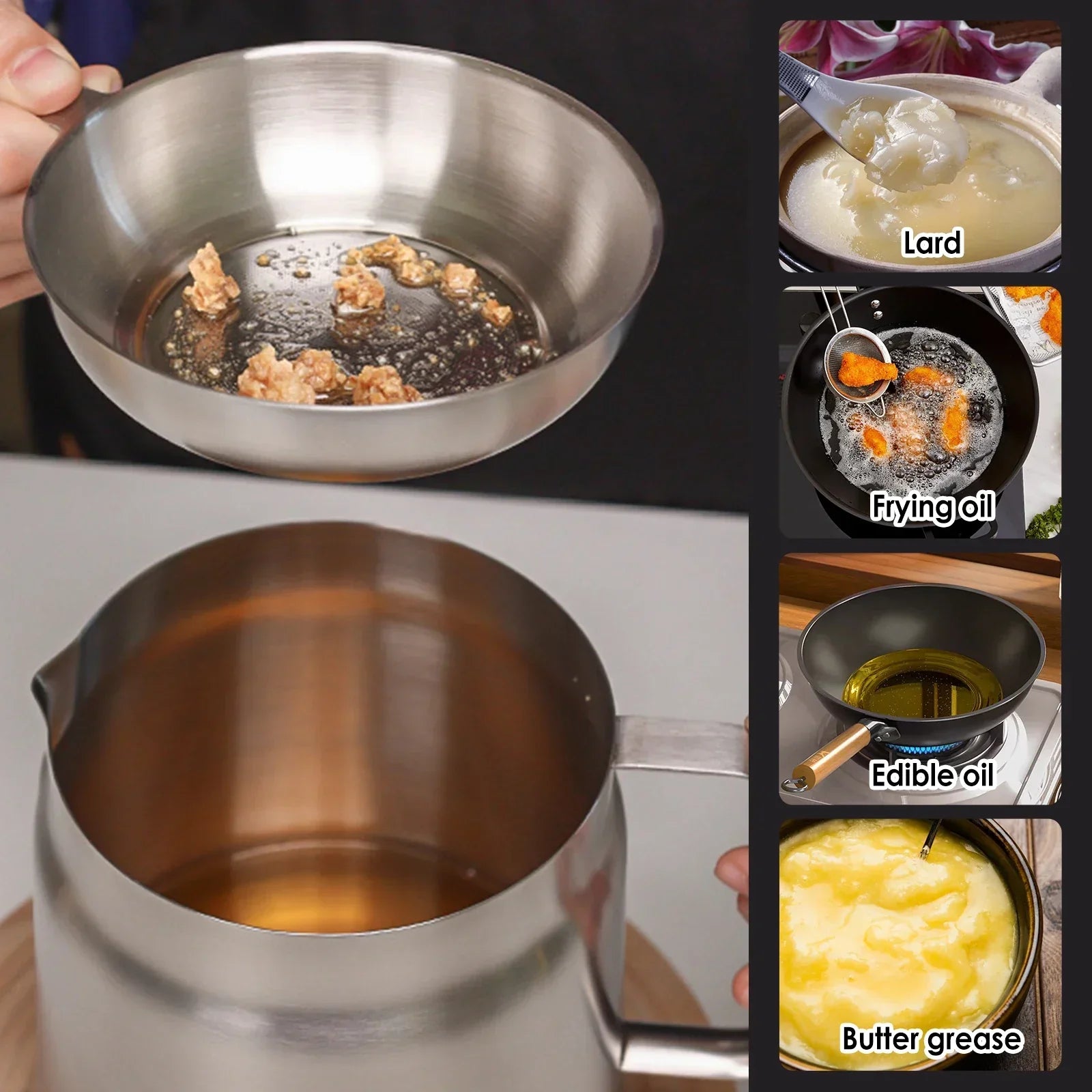 2L Stainless Steel Oil Filter Pot with Fine Mesh Strainer And Fry Basket Silver