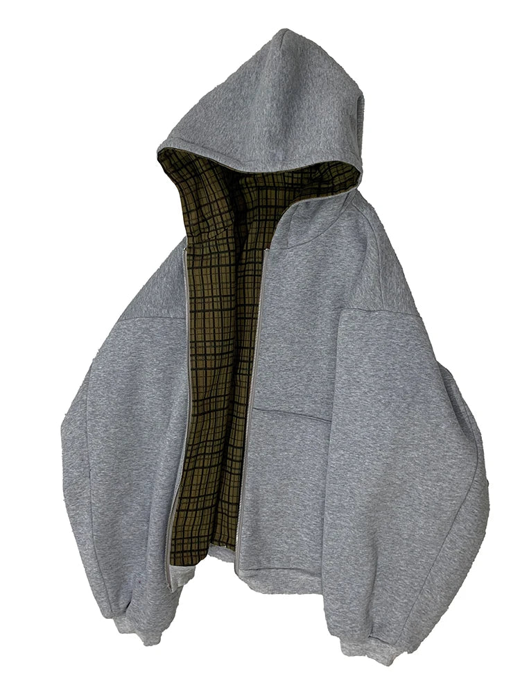 Reversible Plaid-Lined Oversized Hoodie