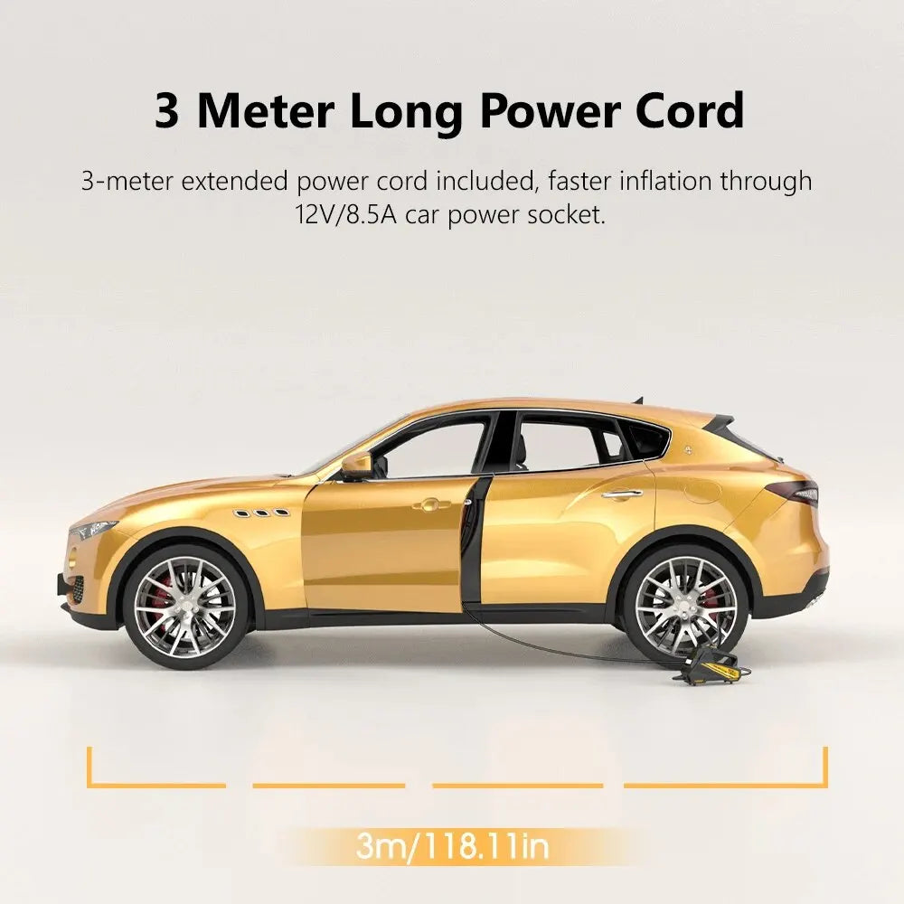 Corded Portable Car Air Pump 12V 150PSI Electric Tire Inflator with LED Yellow