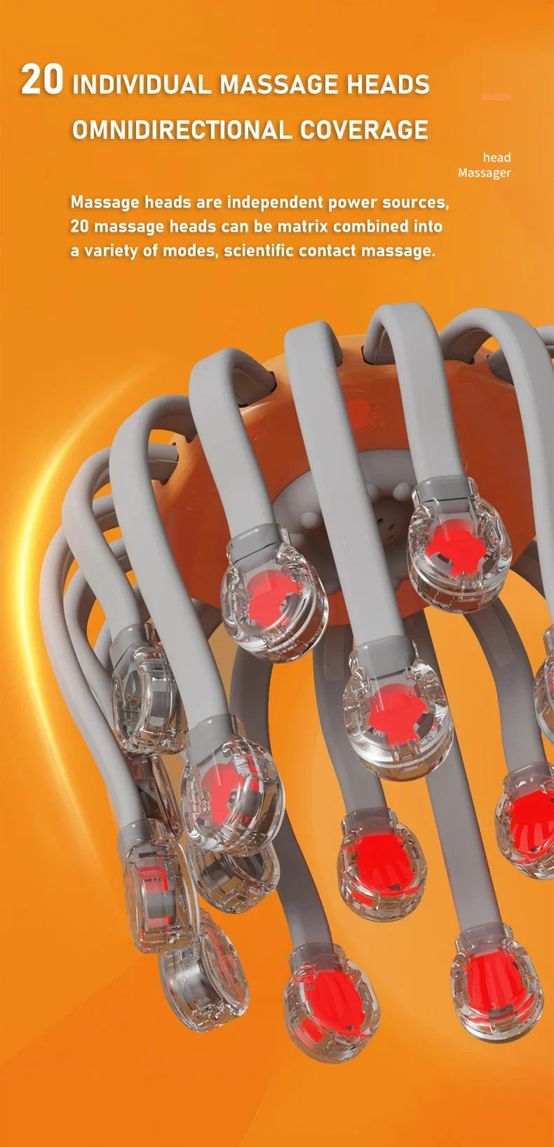 20-Head Scalp Massager with Red Light Therapy Octopus Scratcher Orange