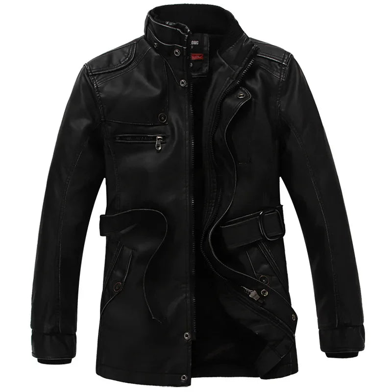 Mens PU Leather Fleece Lined Winter Jacket (Black thin)