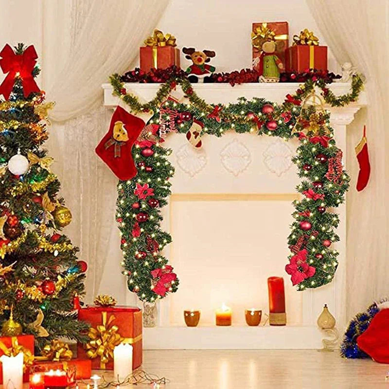 9ft Christmas LED Garland Wreath with Holly, Baubles, and Glitter Finish - Red
