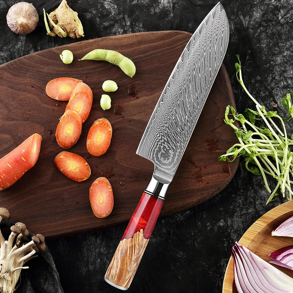 7-Inch VG10 Damascus Steel Chef Knife  Razor Sharp Red