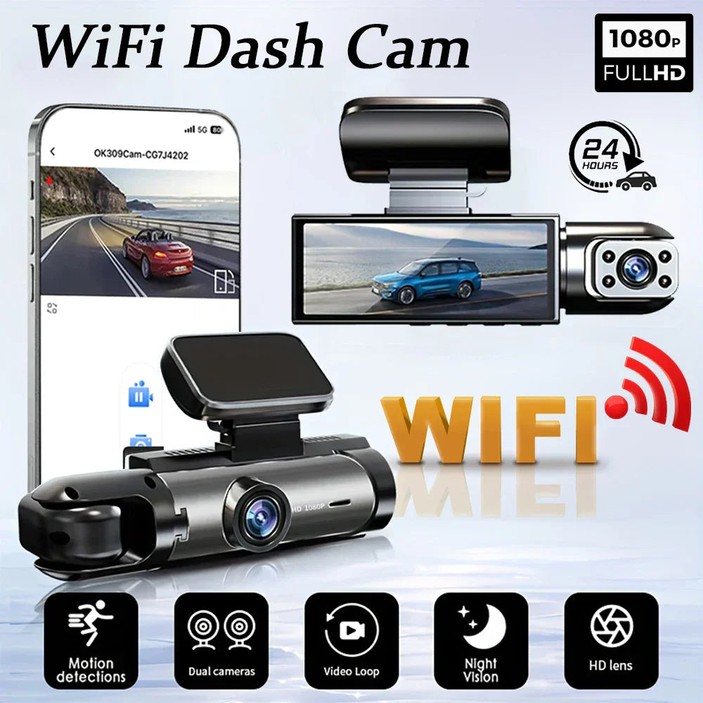 1080P WiFi Dual Dash Cam Front Interior Car Camera Black
