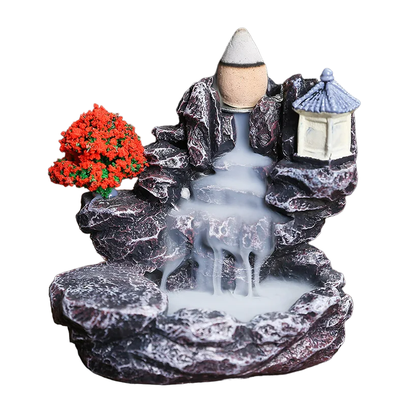 Red Resin Backflow Incense Holder Waterfall Set - Modern Aromatherapy Ornament with Incense Cones