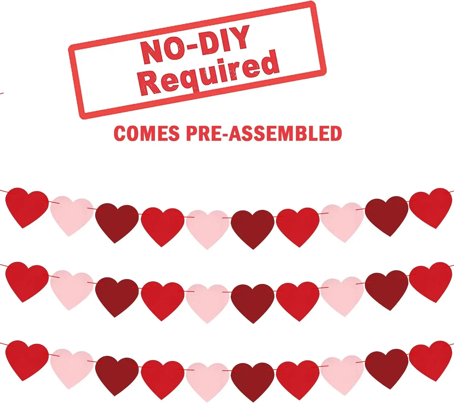 Festive Love - 4pcs Pre-Assembled Felt Heart Garland Banner for Valentine's Day Deco