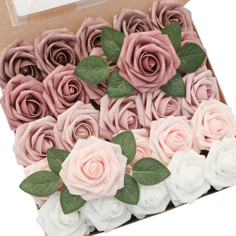 25pcs Real Touch Cinnamon Combination Artificial Rose Flower Arrangement - Warm Taupe & Nude