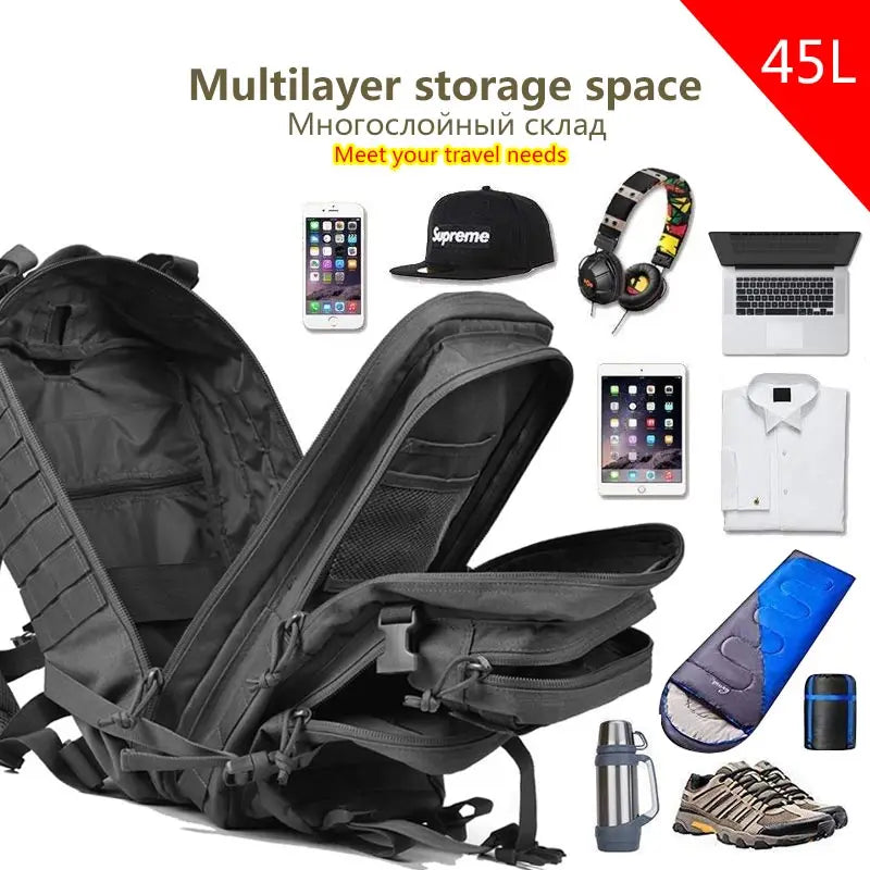 45L Tactical Assault Backpack – Waterproof Outdoor Rucksack Black