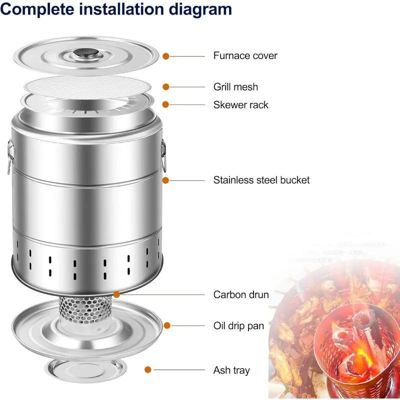 Portable Wrap-Around Charcoal Grill Smokeless BBQ Grate Silver