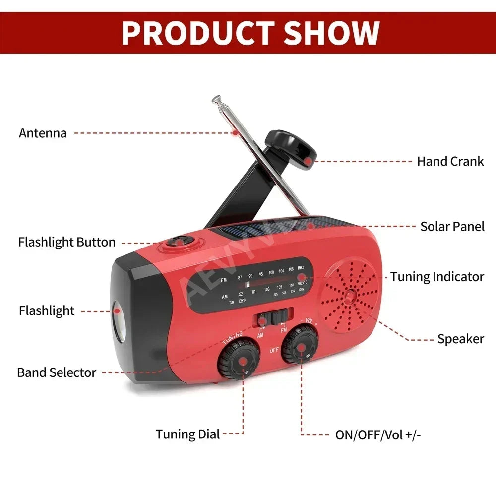 Solar Emergency Radio Power Bank Red