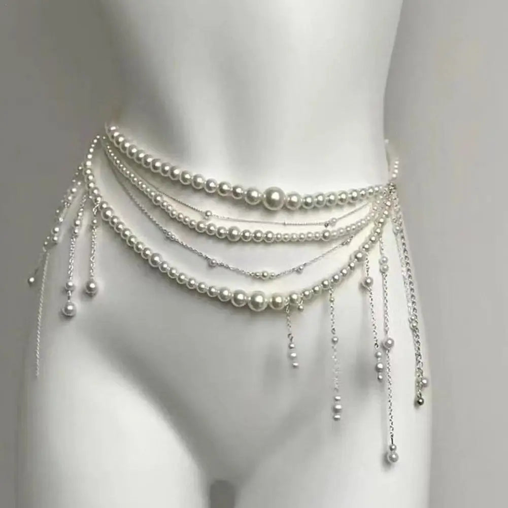 Retro Multilayer Pearl Waist Chain Belt Women (A)