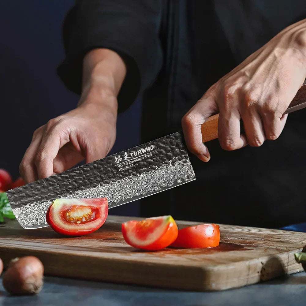 7-Inch Hand-Forged Japanese Nakiri Knife 67-Layer Damascus Steel Brown