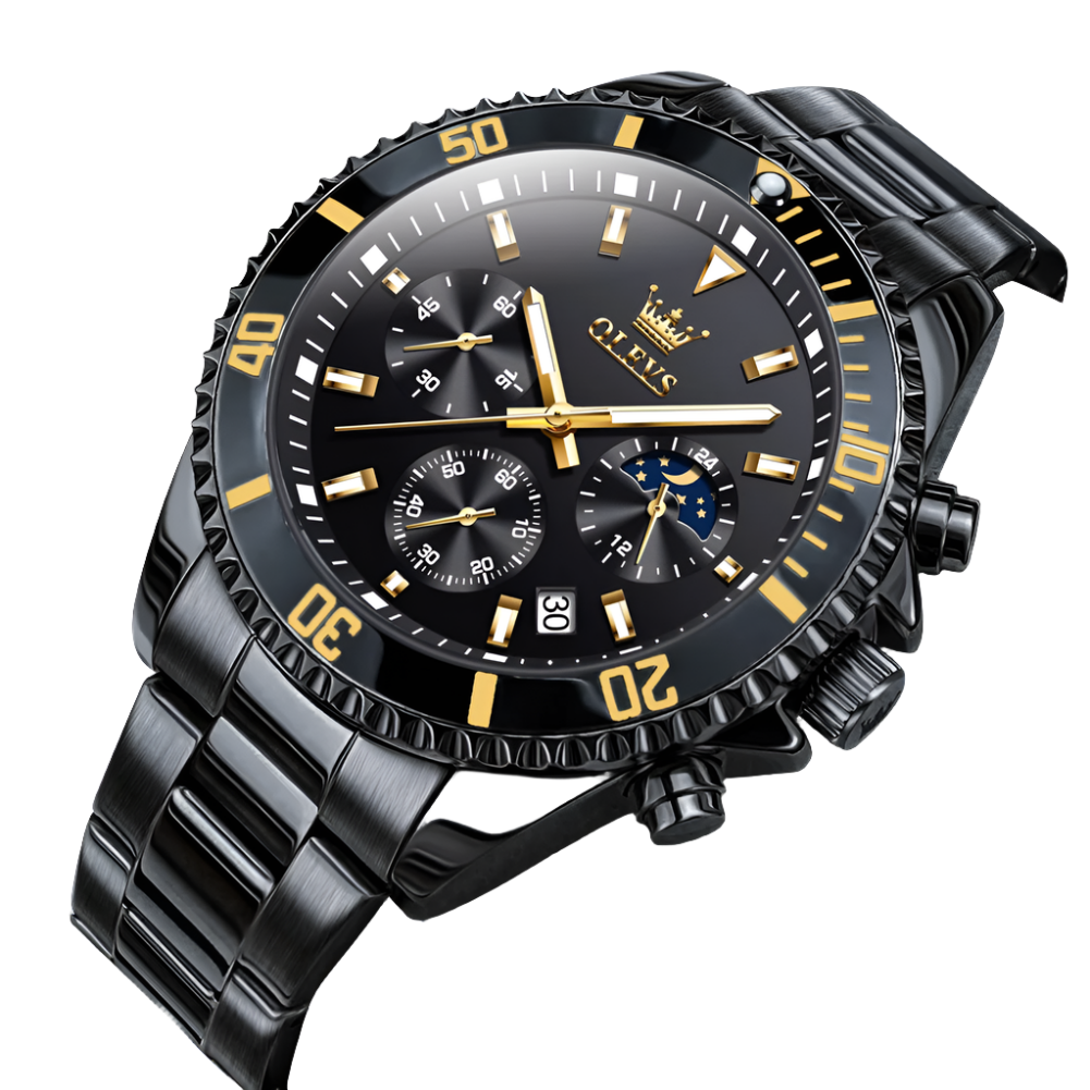 Waterproof Moon Phase Quartz Wristwatch - All Black