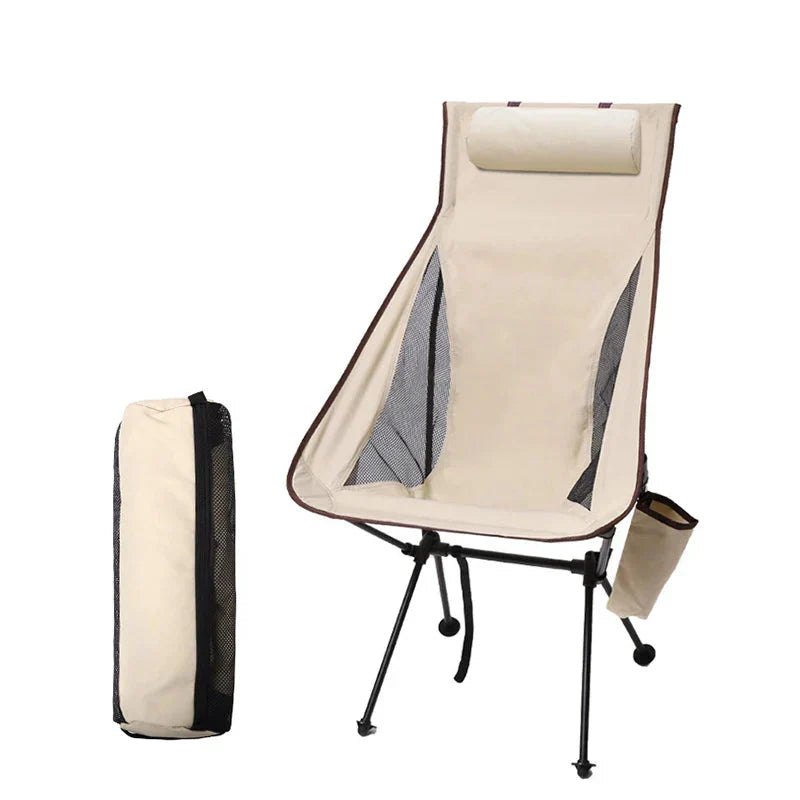 Portable Folding Camping Chair with Headrest Aluminum Beige