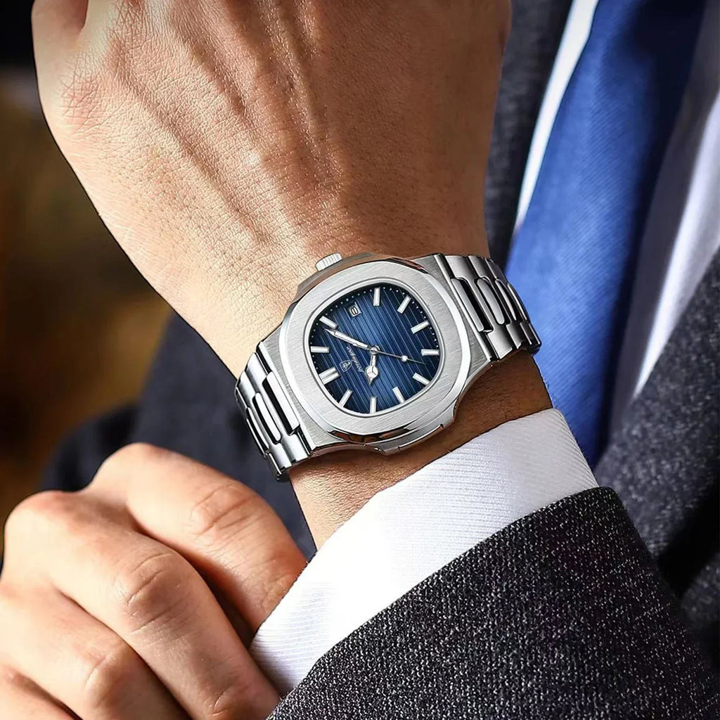 Watch for Men Stainless Steel Square Waterproof Quartz (Blue)
