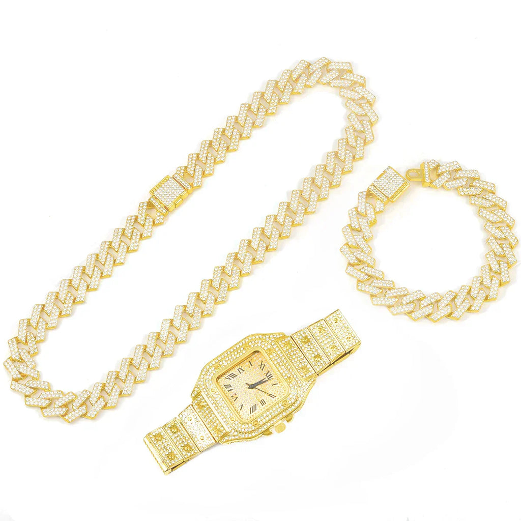 3pcs Men's Watch Set Square Watch Cuban Chain Bracelet (Gold)