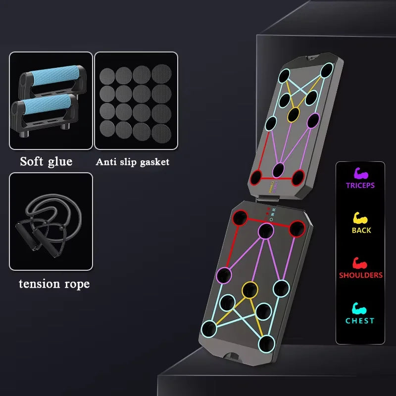 Folding Push-Up Board with Resistance Bands Black