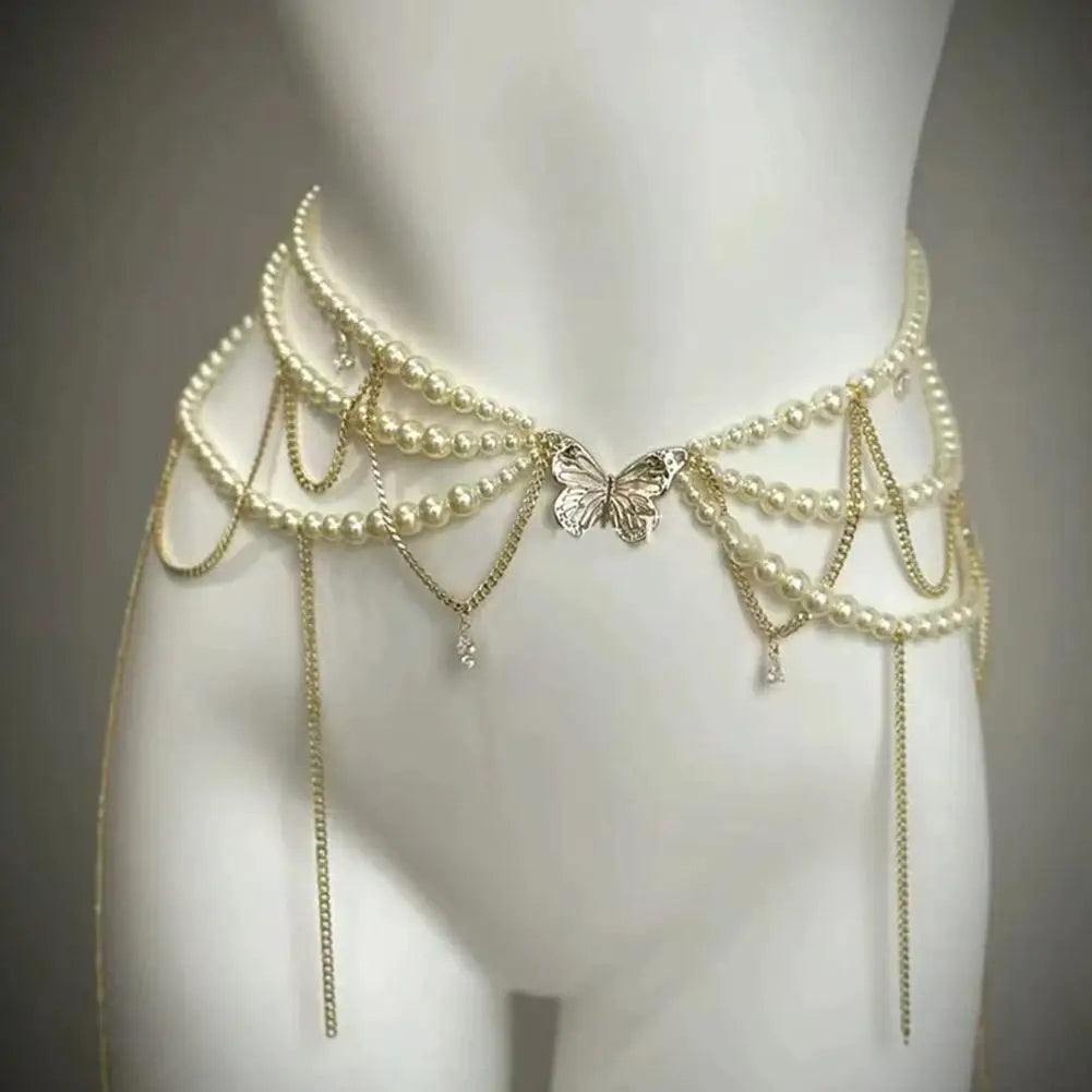 Retro Multilayer Pearl Waist Chain Belt Women (D)