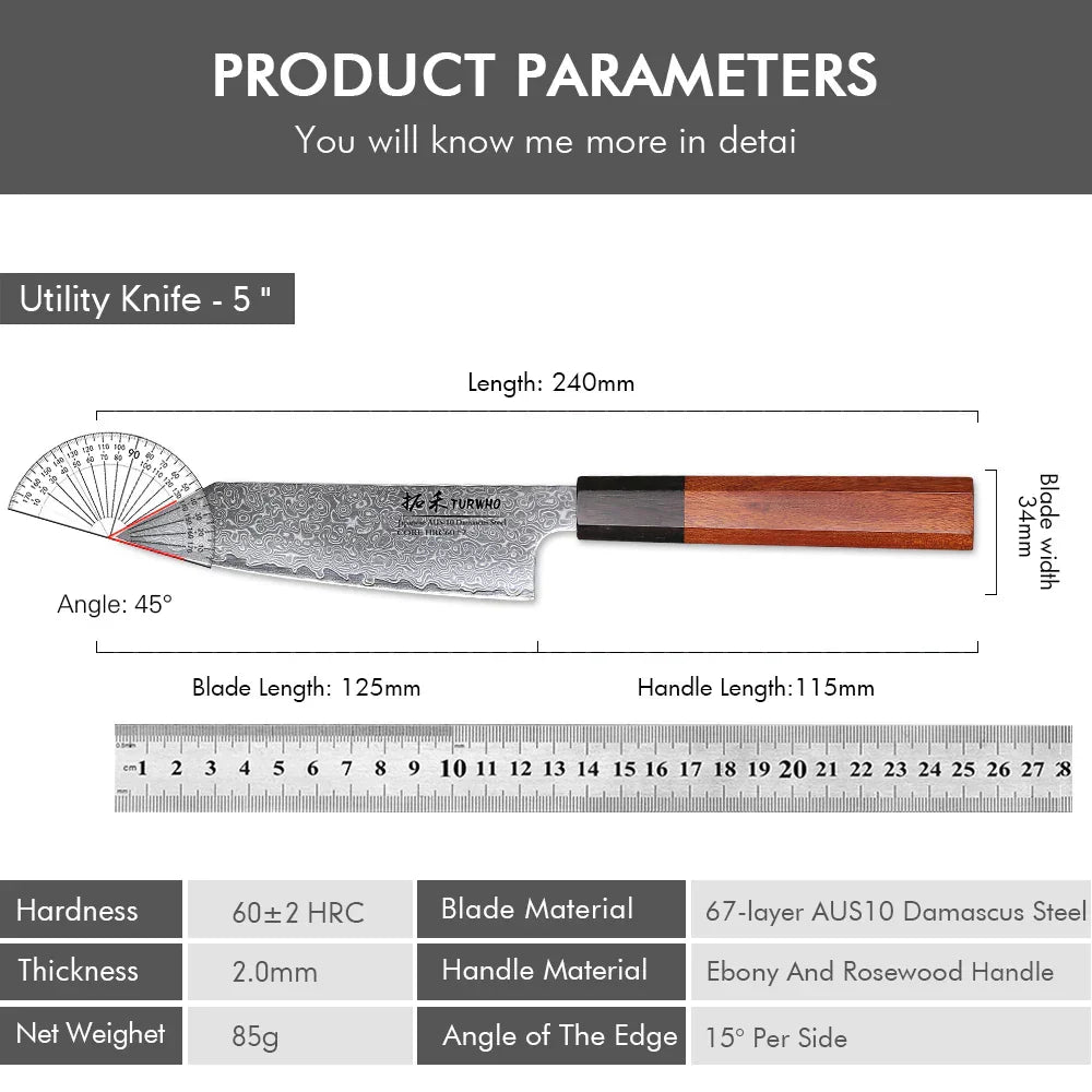 5-Inch Hand-Forged Damascus Steel Utility Knife Ebony And Rosewood Brown