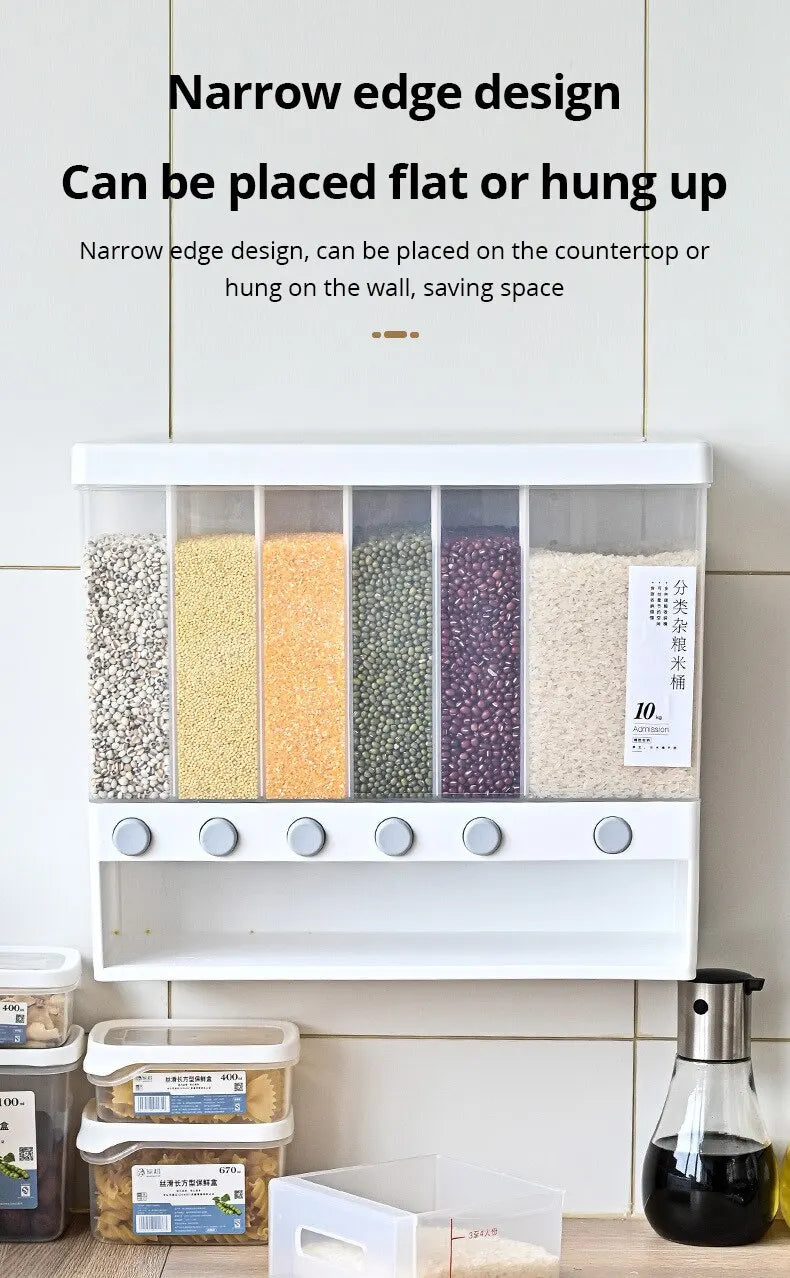 1pc Wall-Mounted Multi-Grid Food Dispenser - Large Capacity Rice Bucket