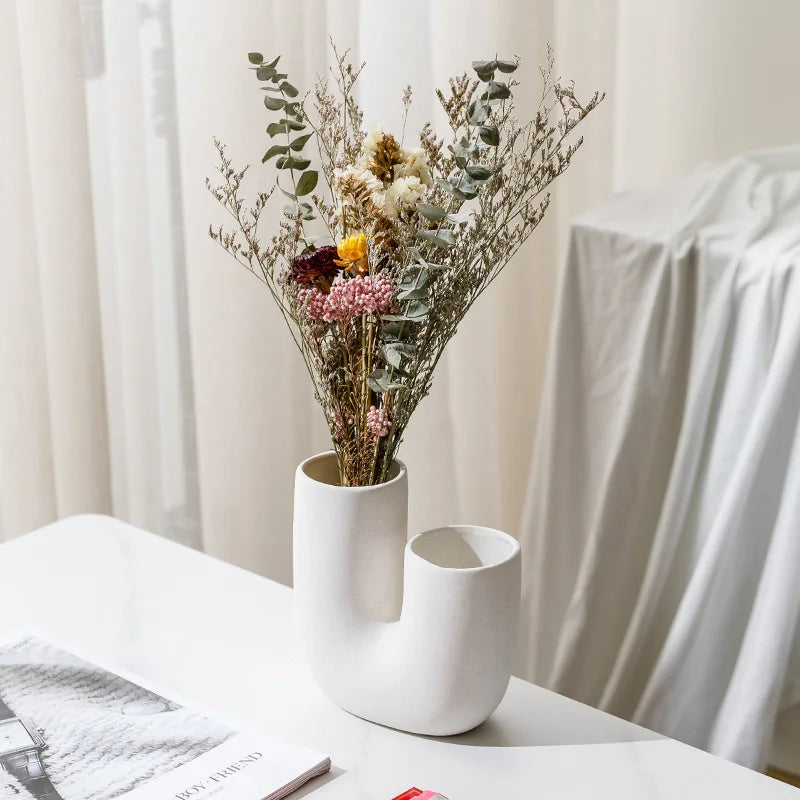 Nordic Elegance: White Ceramic U-shaped Vase for Stylish Living Spaces
