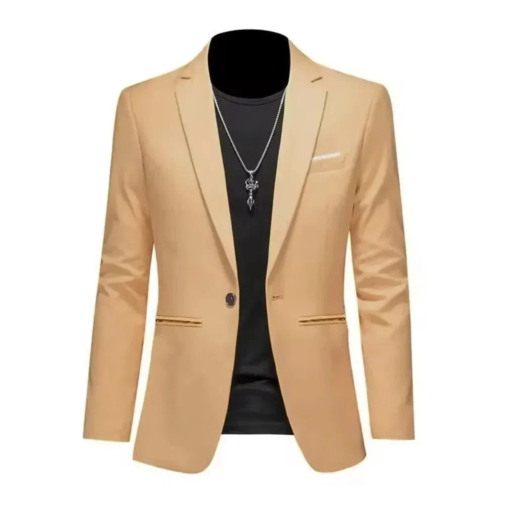 Mens Slim Fit Casual Suit Jacket Single Button (Khaki)