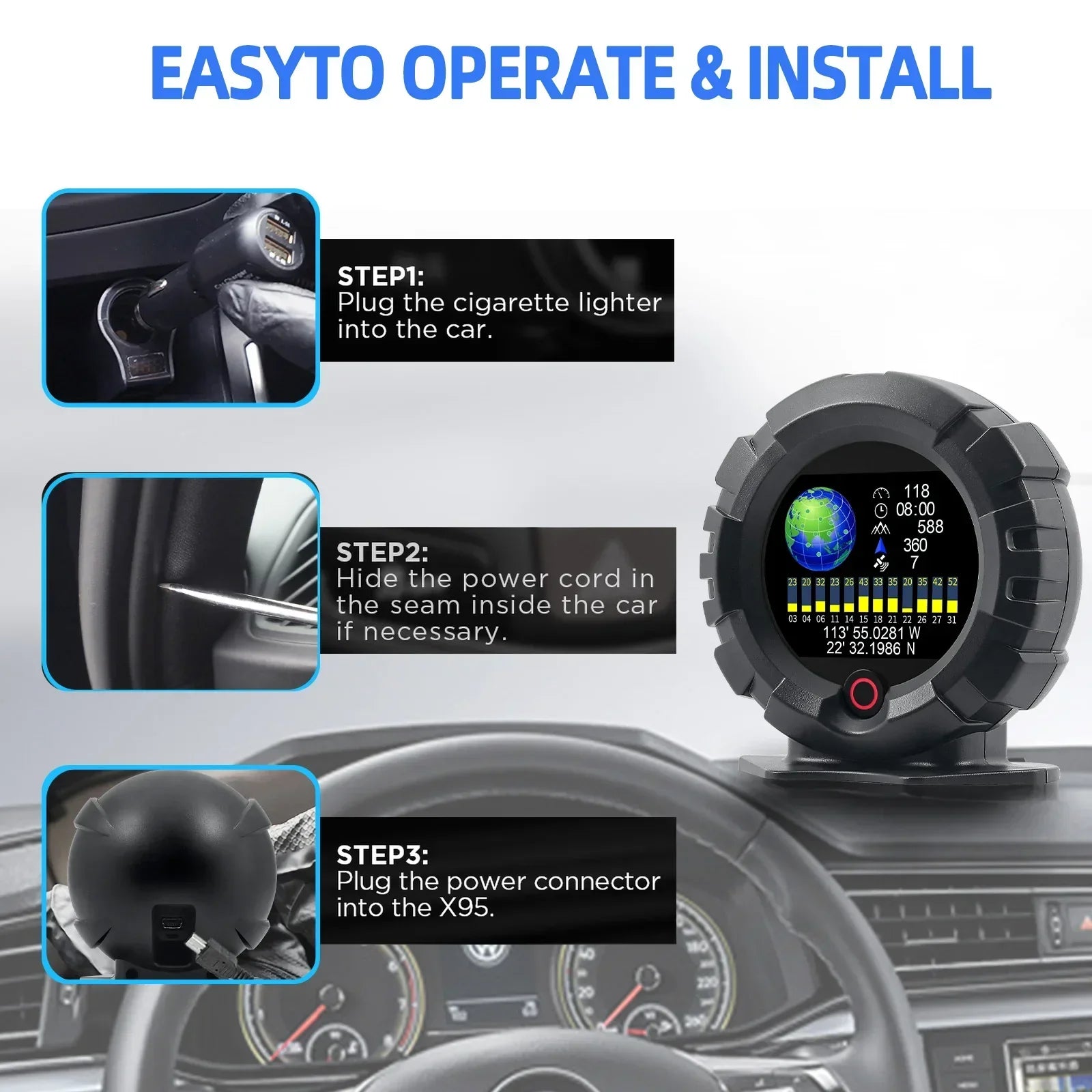 X95 GPS HUD Head Up Display 4x4 Of Road Inclinometer Black