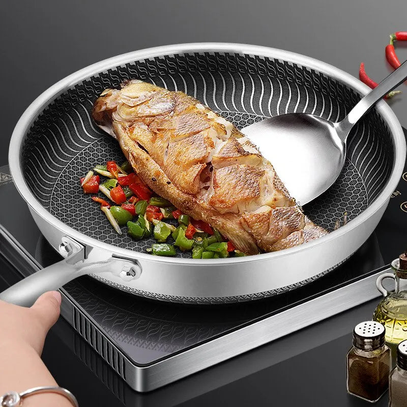 Tri-Ply 316 Frying Pan 32cm Double-Sided Honeycomb Skillet Silver