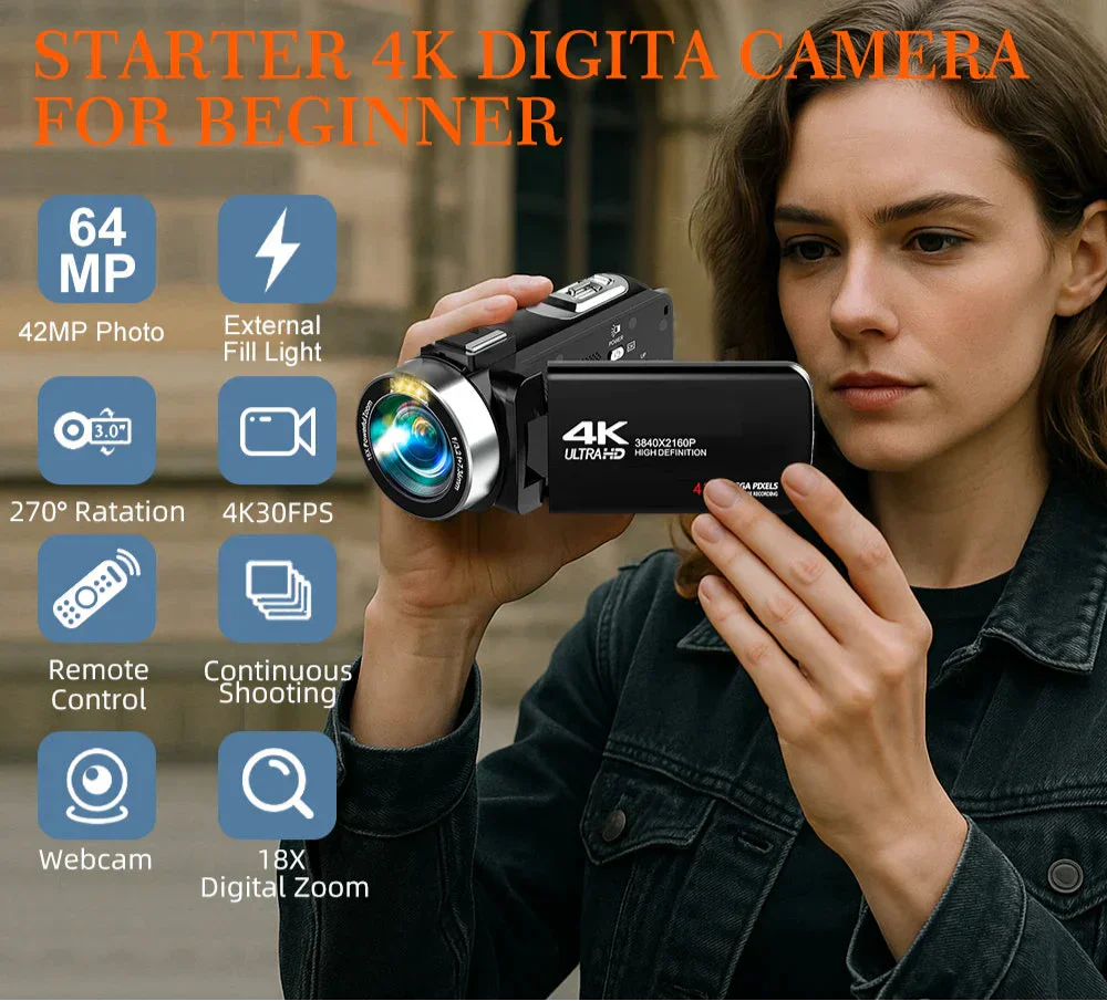 4K Digital Camera Dual Battery 64GB Card Included Black