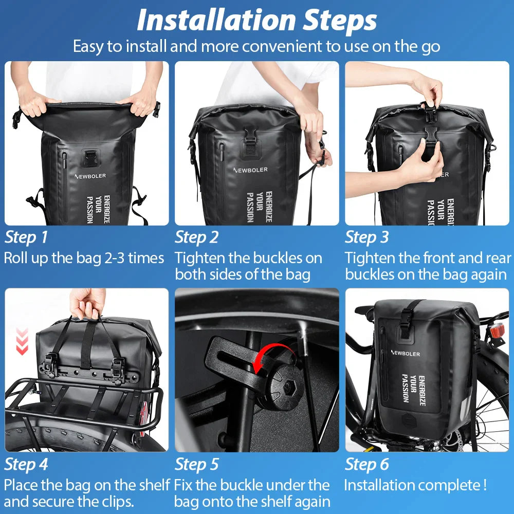27L Waterproof Bike Pannier Bag with Roll-Top Closure Black