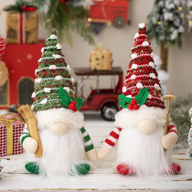 Enchanting Christmas Doll Sled Elf Ski Gnome with LED Light - 28cm (2pc Red Green)