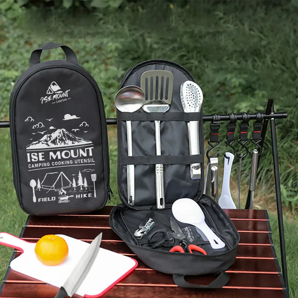 Portable Stainless Steel Camping Utensils Set - 9 Piece Cookware Kit in Black
