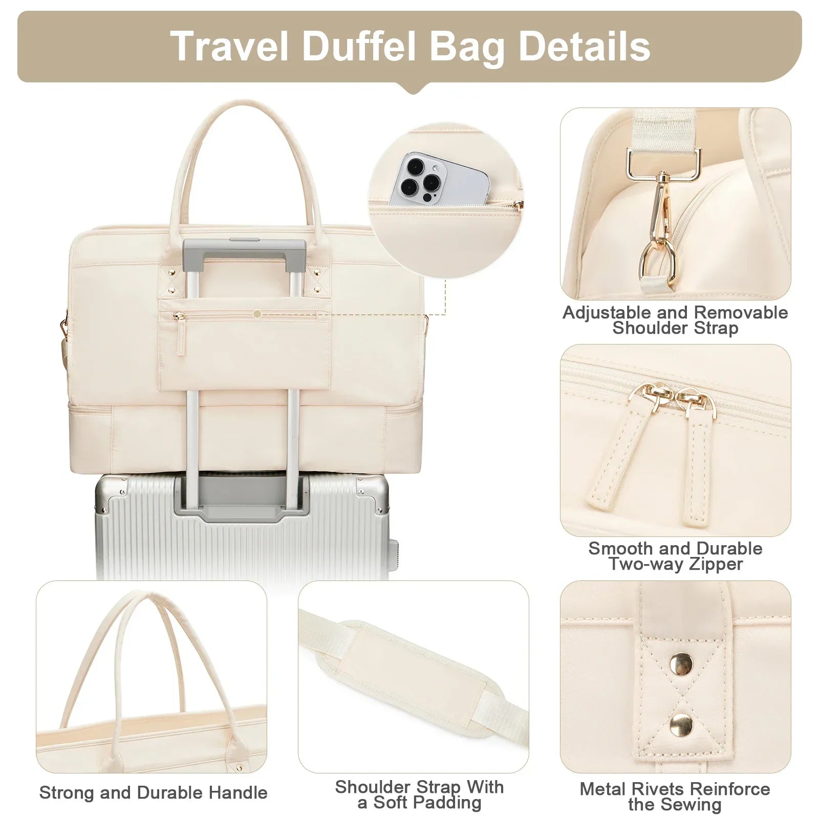 Luggage Travel Bag with Clothes and Toiletry Bag (Beige)