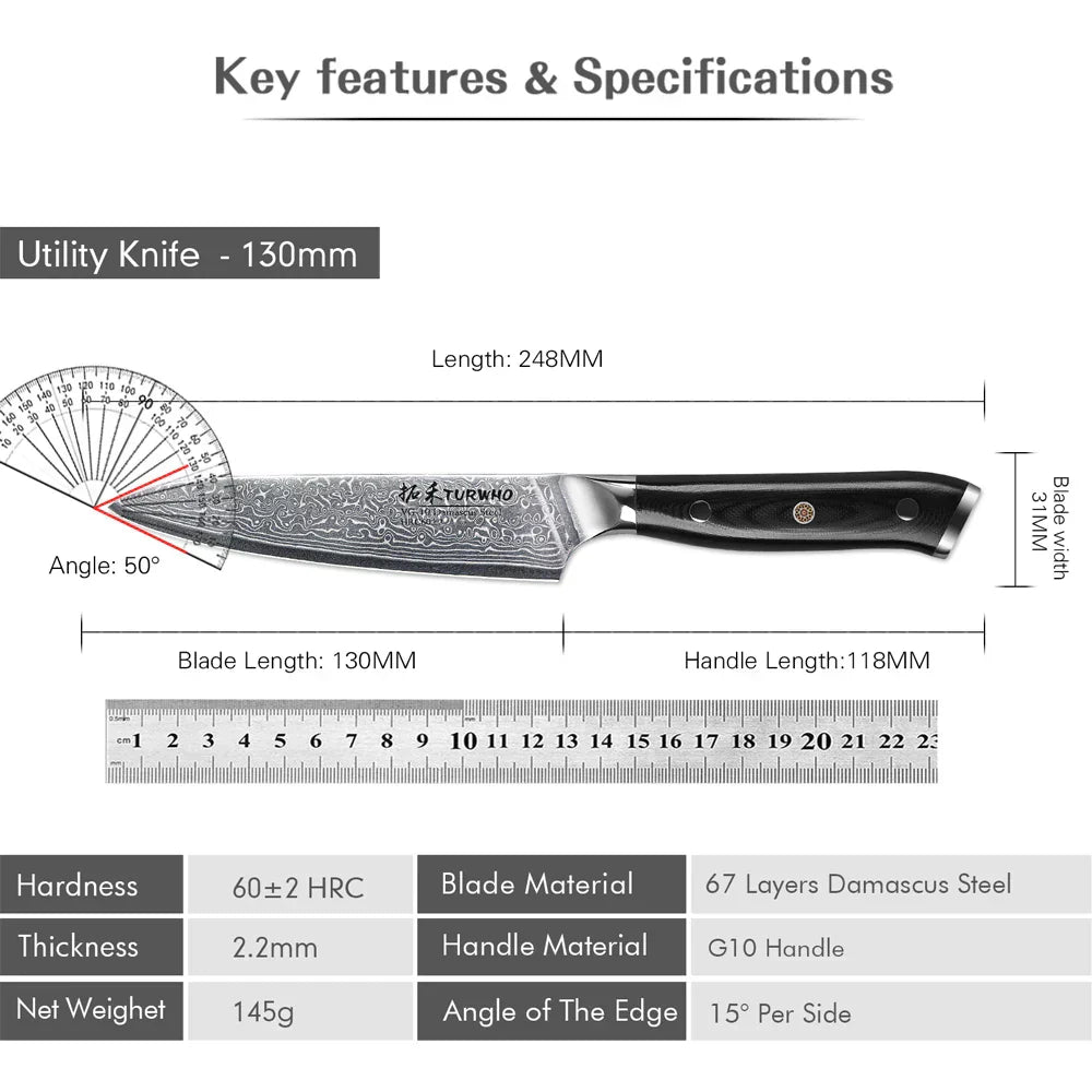 5-Inch Damascus Steel Utility Knife VG10 Core G10 Handle Black