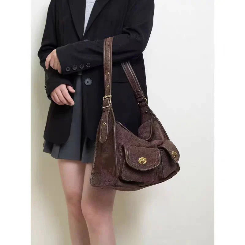 Vintage Suede Double Pocket Shoulder Bag