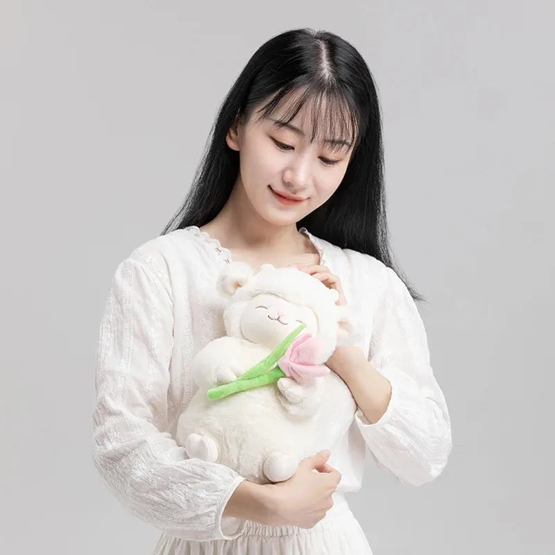 Kawaii White Sheep Lamb Plush with Tulip Flower