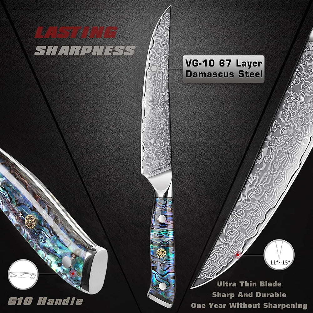 6-Inch Damascus Utility Knife Abalone Shell Handle Blue