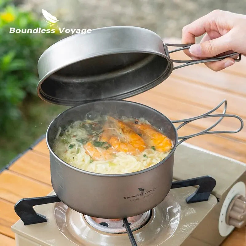 Titanium Camping Cookware Set Pan with Folding Handles Silver