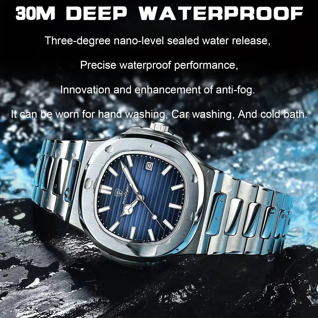 Watch for Men Stainless Steel Square Waterproof Quartz (Blue)